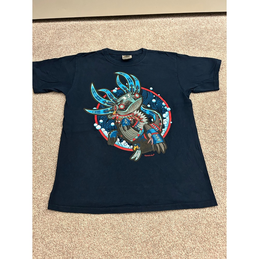 Karani Art Axolotl Graphic T-Shirt Mens Medium Navy Blue Excellent Aztec Style